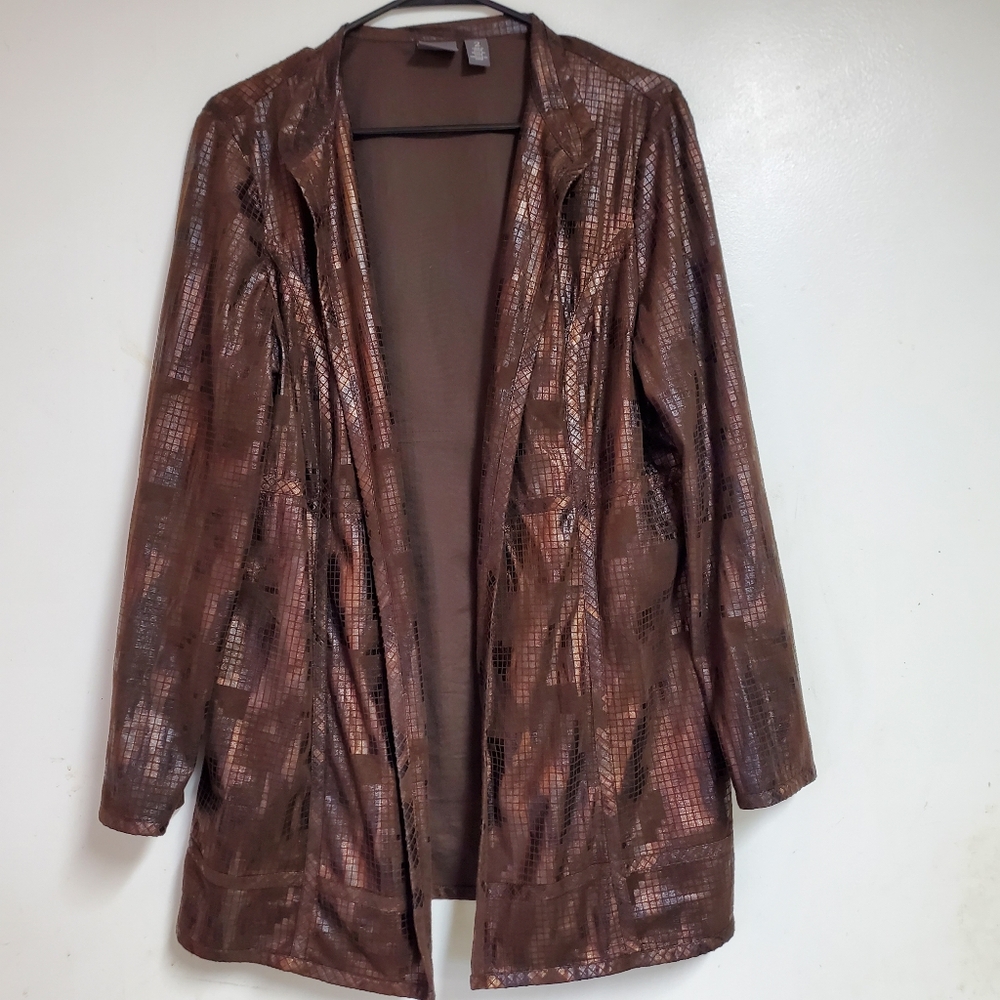 Travelers Collection By Chicos Womens Brown Gold Open Front Jacket Top Sz 2